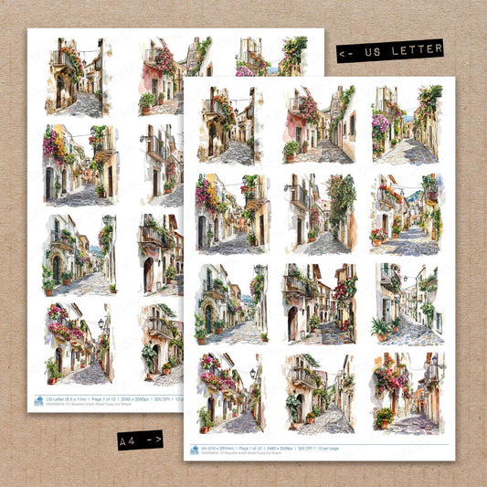 A4 and US Letter format comparison showing Beautiful Amalfi Street fussy cut pages for print and cut crafting