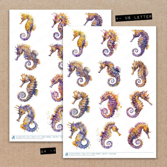 A4 and US Letter format comparison showing Beautiful Seahorse fussy cut pages for print and cut crafting