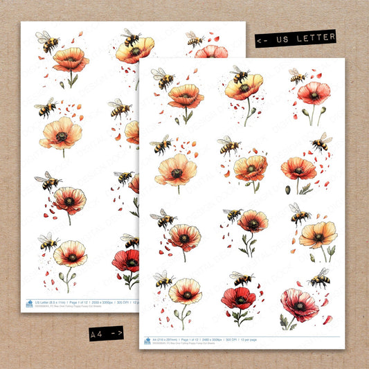 A4 and US Letter format comparison showing Bee Over Falling Poppy fussy cut pages for print and cut crafting