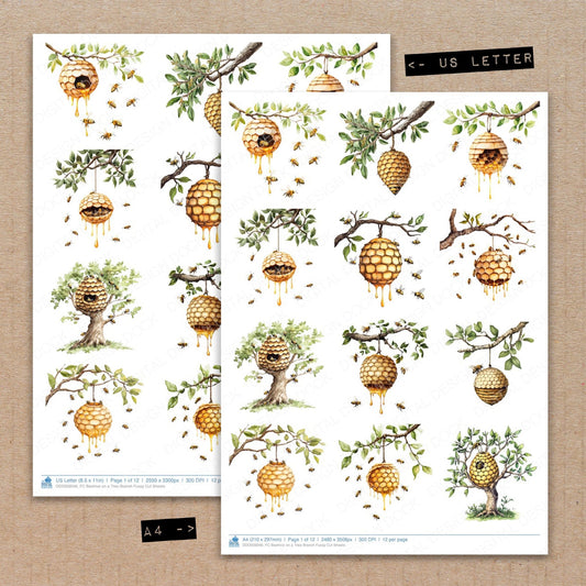A4 and US Letter format comparison showing Beehive on a Tree Branch fussy cut pages for print and cut crafting