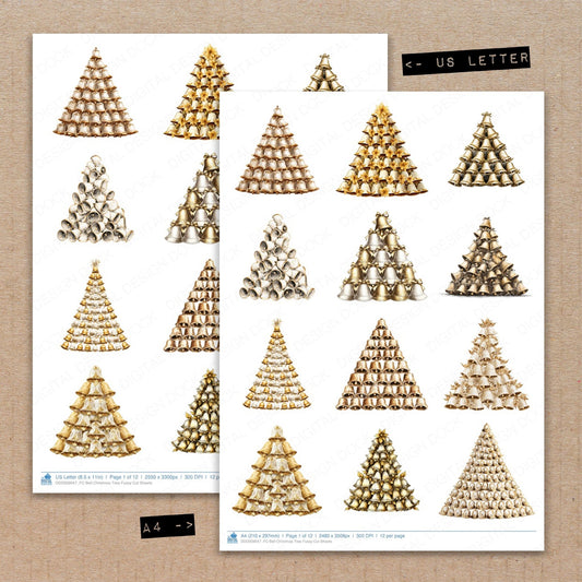 A4 and US Letter format comparison showing Bell Christmas Tree fussy cut pages for print and cut crafting