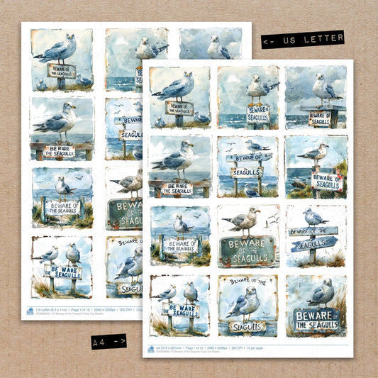 A4 and US Letter format comparison showing Beware of the Seagulls fussy cut pages for print and cut crafting
