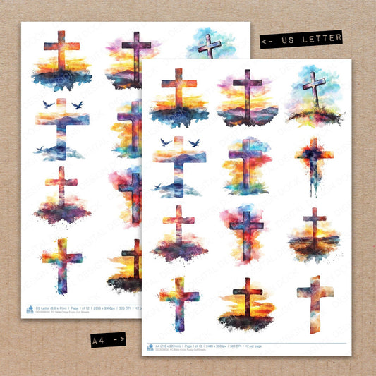 A4 and US Letter format comparison showing Bible Cross fussy cut pages for print and cut crafting