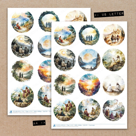 A4 and US Letter format comparison showing Biblical Scene Round fussy cut pages for print and cut crafting