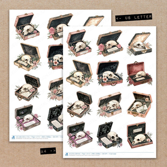 A4 and US Letter format comparison showing Bird Skull with Label in Case fussy cut pages for print and cut crafting