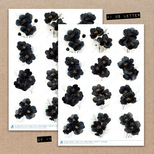 A4 and US Letter format comparison showing Black and Gold Abstract Flowers fussy cut pages for print and cut crafting