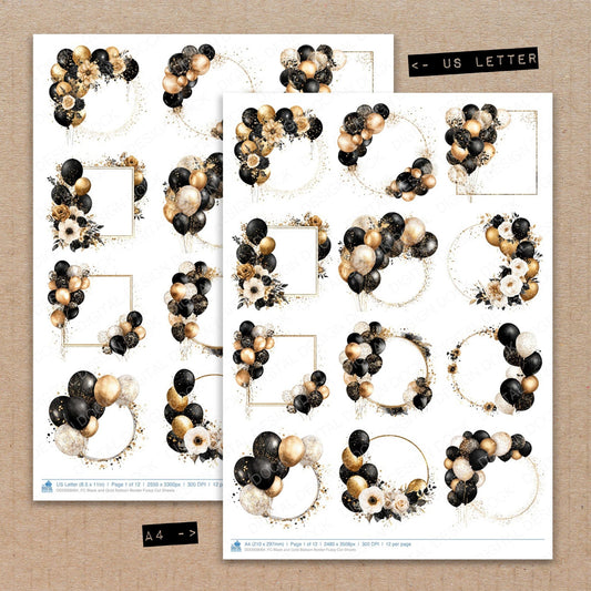 A4 and US Letter format comparison showing Black and Gold Balloon Border fussy cut pages for print and cut crafting