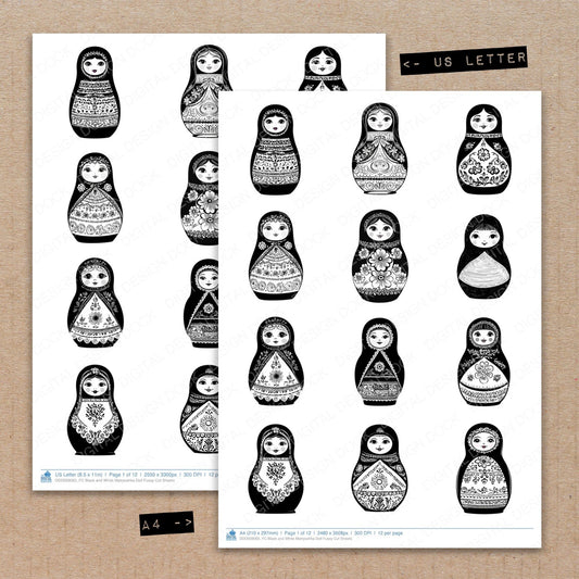 A4 and US Letter format comparison showing Black and White Matryoshka Doll fussy cut pages for print and cut crafting