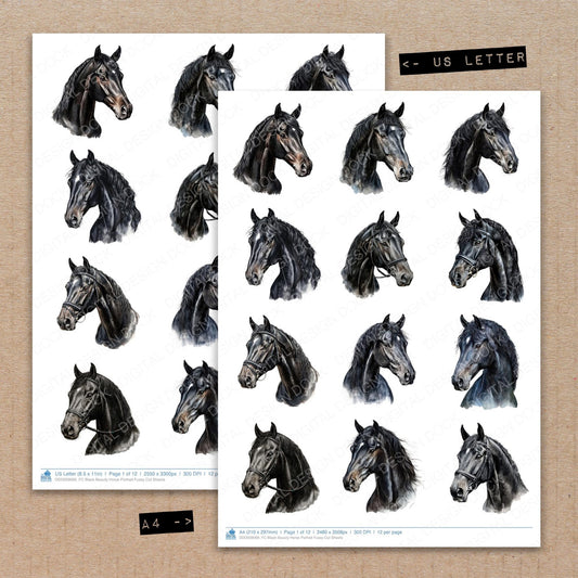 A4 and US Letter format comparison showing Black Beauty Horse Portrait fussy cut pages for print and cut crafting
