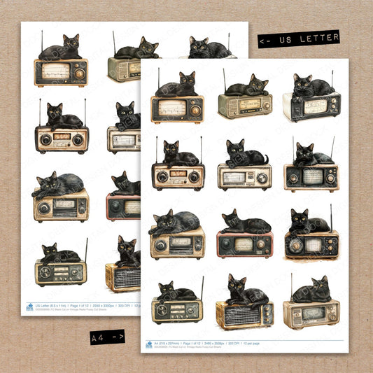 A4 and US Letter format comparison showing Black Cat on Vintage Radio fussy cut pages for print and cut crafting