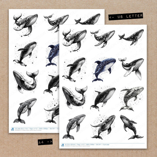 A4 and US Letter format comparison showing Black Cosmic Whale fussy cut pages for print and cut crafting