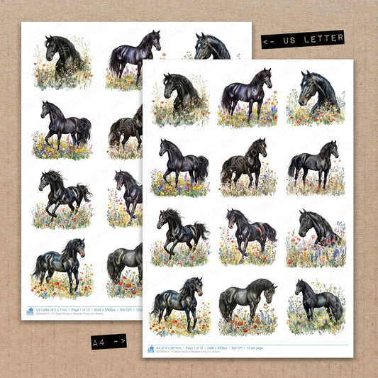 A4 and US Letter format comparison showing Black Horse in Meadow fussy cut pages for print and cut crafting