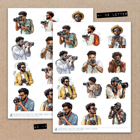 A4 and US Letter format comparison showing Black Male Photographer fussy cut pages for print and cut crafting