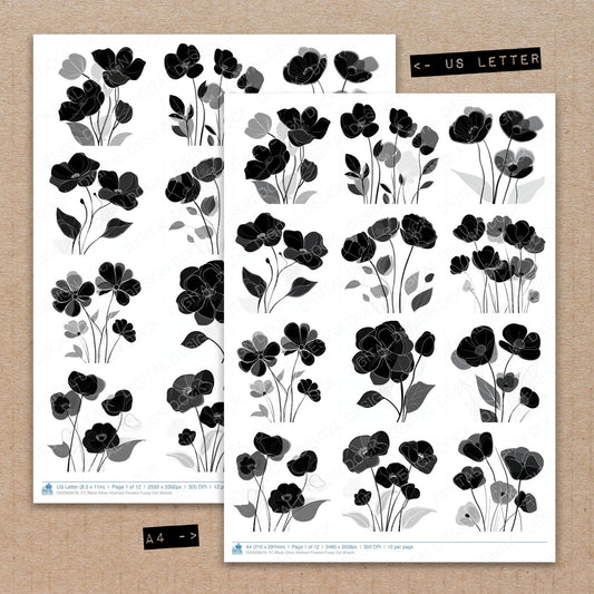 A4 and US Letter format comparison showing Black Silver Abstract Flowers fussy cut pages for print and cut crafting