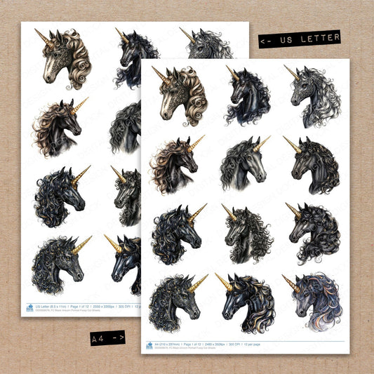A4 and US Letter format comparison showing Black Unicorn Portrait fussy cut pages for print and cut crafting