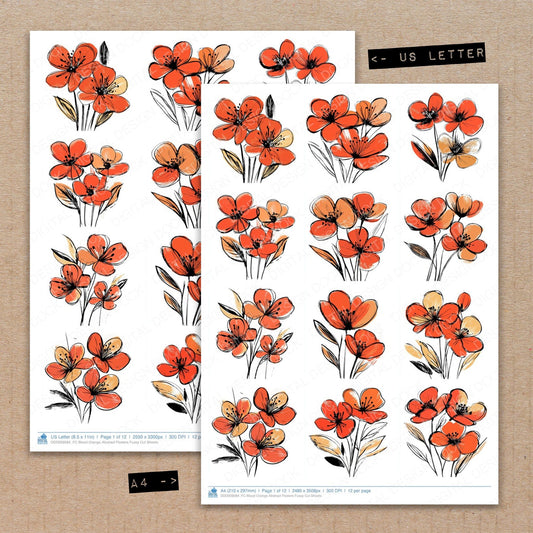 A4 and US Letter format comparison showing Blood Orange Abstract Flowers fussy cut pages for print and cut crafting