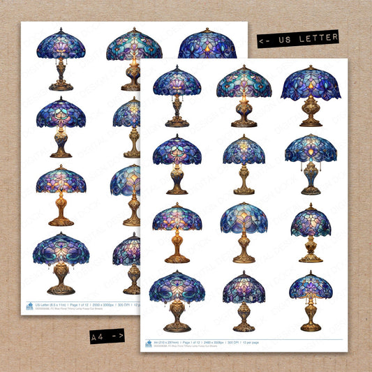 A4 and US Letter format comparison showing Blue Floral Tiffany Lamp fussy cut pages for print and cut crafting