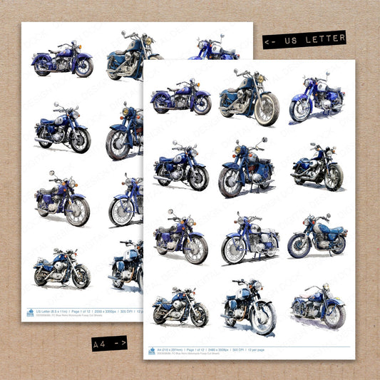 A4 and US Letter format comparison showing Blue Retro Motorcycle fussy cut pages for print and cut crafting
