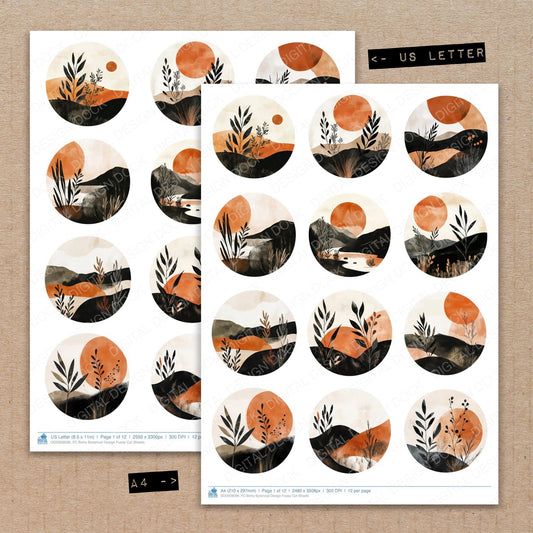 A4 and US Letter format comparison showing Boho Botanical Design fussy cut pages for print and cut crafting