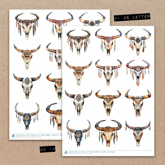 A4 and US Letter format comparison showing Boho Cow Skull fussy cut pages for print and cut crafting