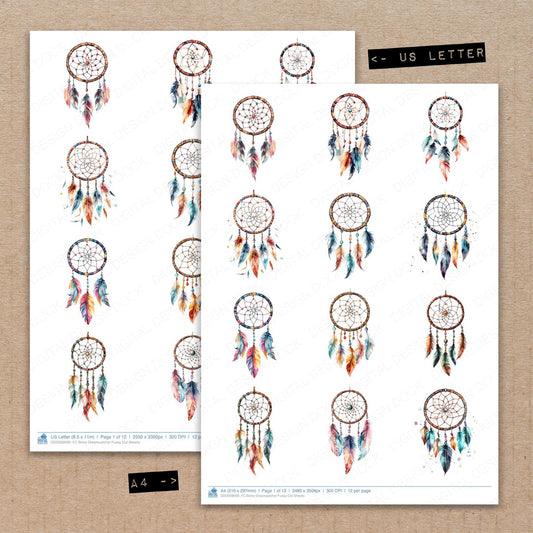 A4 and US Letter format comparison showing Boho Dreamcatcher fussy cut pages for print and cut crafting