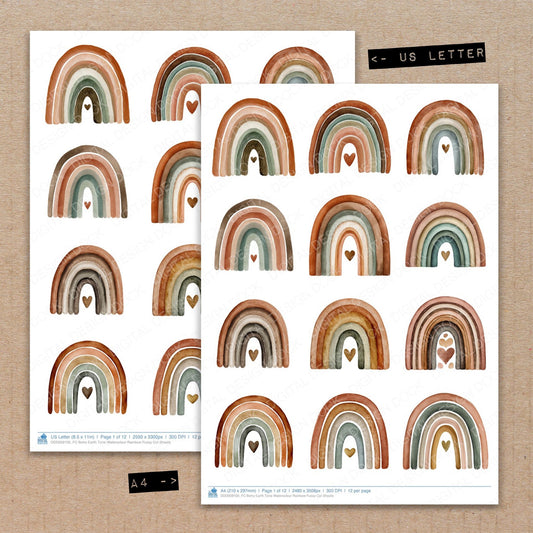 A4 and US Letter format comparison showing Boho Earth Tone Watercolour Rainbow fussy cut pages for print and cut crafting