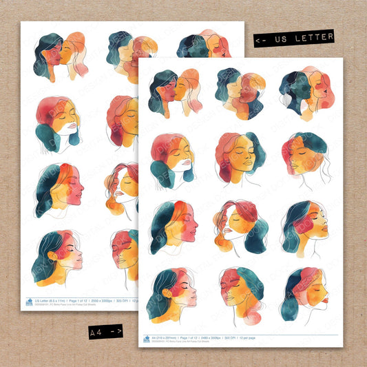 A4 and US Letter format comparison showing Boho Face Line Art fussy cut pages for print and cut crafting