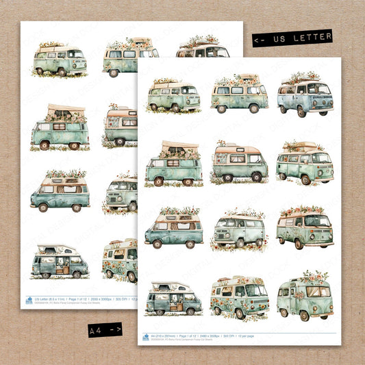 A4 and US Letter format comparison showing Boho Floral Campervan fussy cut pages for print and cut crafting