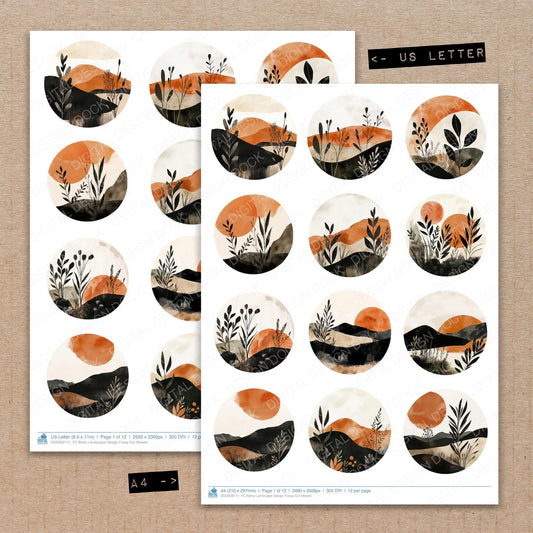 A4 and US Letter format comparison showing Boho Landscape Design fussy cut pages for print and cut crafting