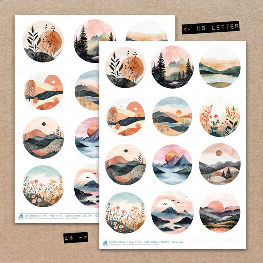 A4 and US Letter format comparison showing Boho Landscape Round Design fussy cut pages for print and cut crafting