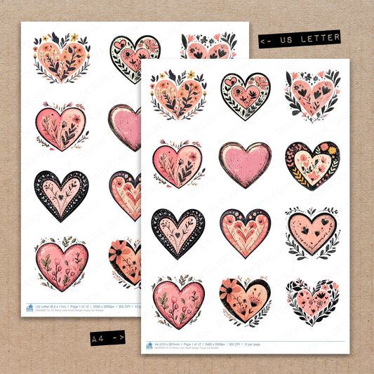A4 and US Letter format comparison showing Boho Love Heart Design fussy cut pages for print and cut crafting