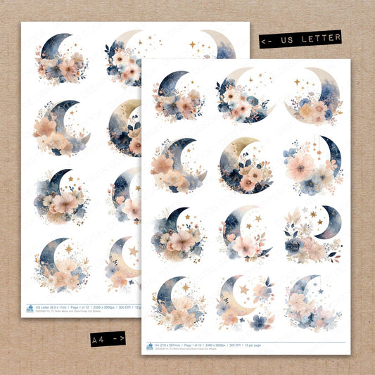 A4 and US Letter format comparison showing Boho Moon and Stars fussy cut pages for print and cut crafting