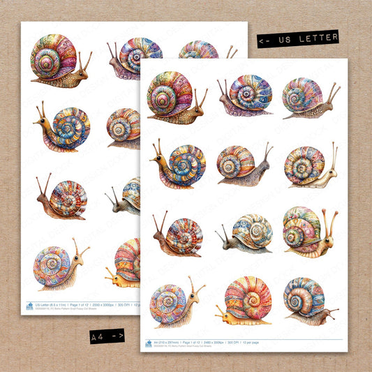 A4 and US Letter format comparison showing Boho Pattern Snail fussy cut pages for print and cut crafting