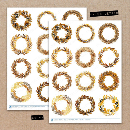 A4 and US Letter format comparison showing Boho Wheat Stalk Wreath fussy cut pages for print and cut crafting