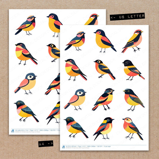 A4 and US Letter format comparison showing Bold Colour Bird fussy cut pages for print and cut crafting
