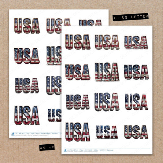 A4 and US Letter format comparison showing Bold D USA Flag Typography fussy cut pages for print and cut crafting