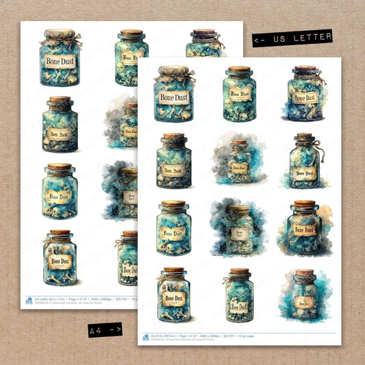 A4 and US Letter format comparison showing Bone Dust Halloween Jar fussy cut pages for print and cut crafting