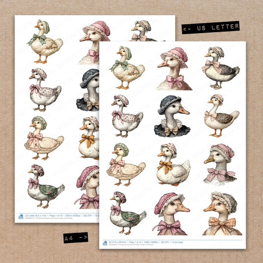 A4 and US Letter format comparison showing Bonnet Goose with Bow fussy cut pages for print and cut crafting