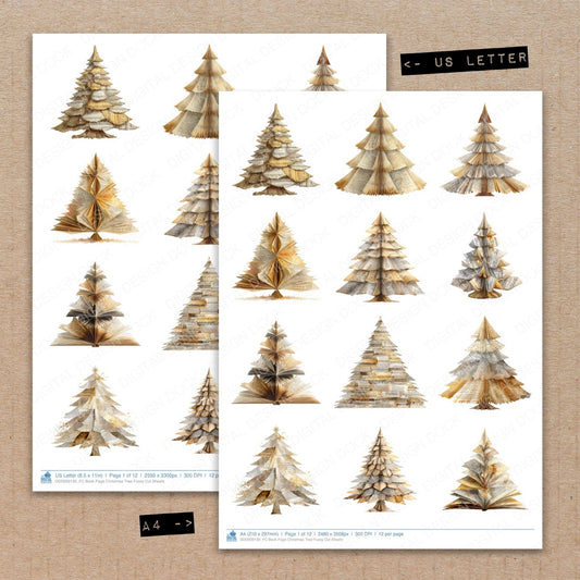A4 and US Letter format comparison showing Book Page Christmas Tree fussy cut pages for print and cut crafting