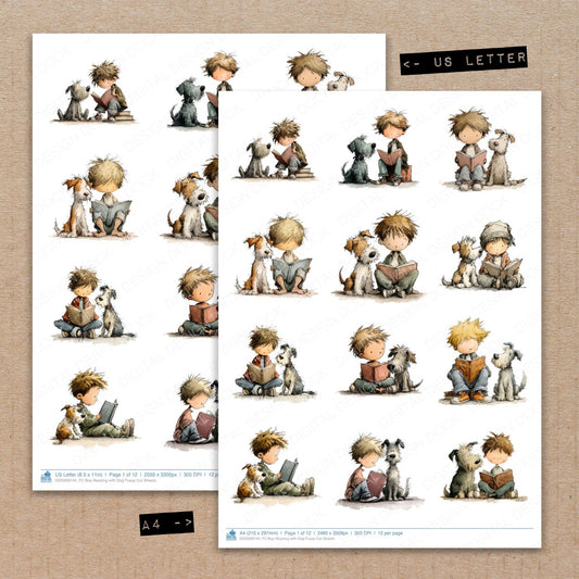 A4 and US Letter format comparison showing Boy Reading with Dog fussy cut pages for print and cut crafting