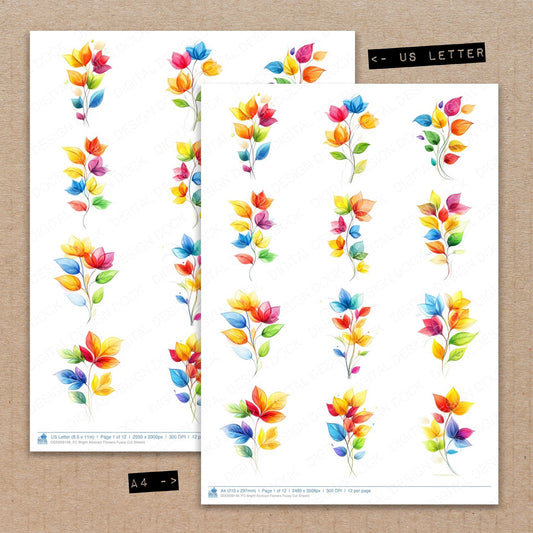 A4 and US Letter format comparison showing Bright Abstract Flowers fussy cut pages for print and cut crafting