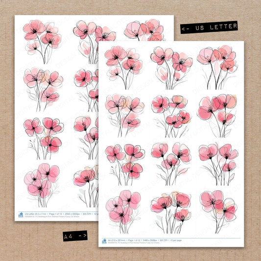 A4 and US Letter format comparison showing Bubblegum Pink Abstract Flowers fussy cut pages for print and cut crafting