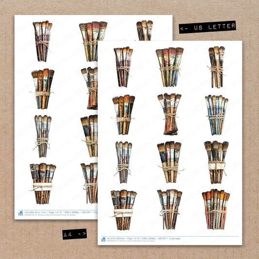 A4 and US Letter format comparison showing Of Used Paintbrushes fussy cut pages for print and cut crafting