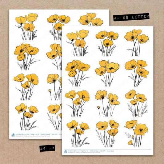 A4 and US Letter format comparison showing Buttercup Yellow Abstract Flowers fussy cut pages for print and cut crafting
