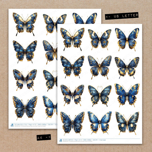 A4 and US Letter format comparison showing Butterfly Baroque Blue and Gold fussy cut pages for print and cut crafting