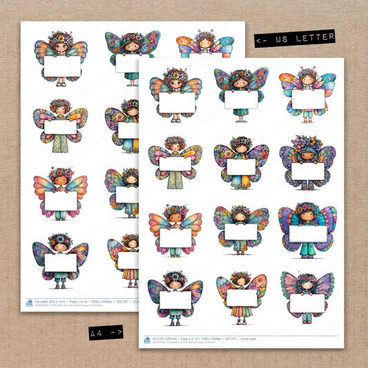 A4 and US Letter format comparison showing Butterfly Girl with Banner fussy cut pages for print and cut crafting