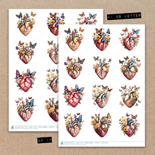 A4 and US Letter format comparison showing Butterfly Heart fussy cut pages for print and cut crafting