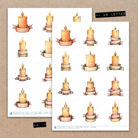 A4 and US Letter format comparison showing Candle Front Banner fussy cut pages for print and cut crafting