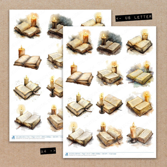 A4 and US Letter format comparison showing Candle Light Reading fussy cut pages for print and cut crafting