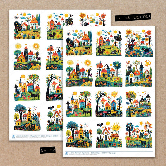 A4 and US Letter format comparison showing Cartoon Farmyard Scene fussy cut pages for print and cut crafting